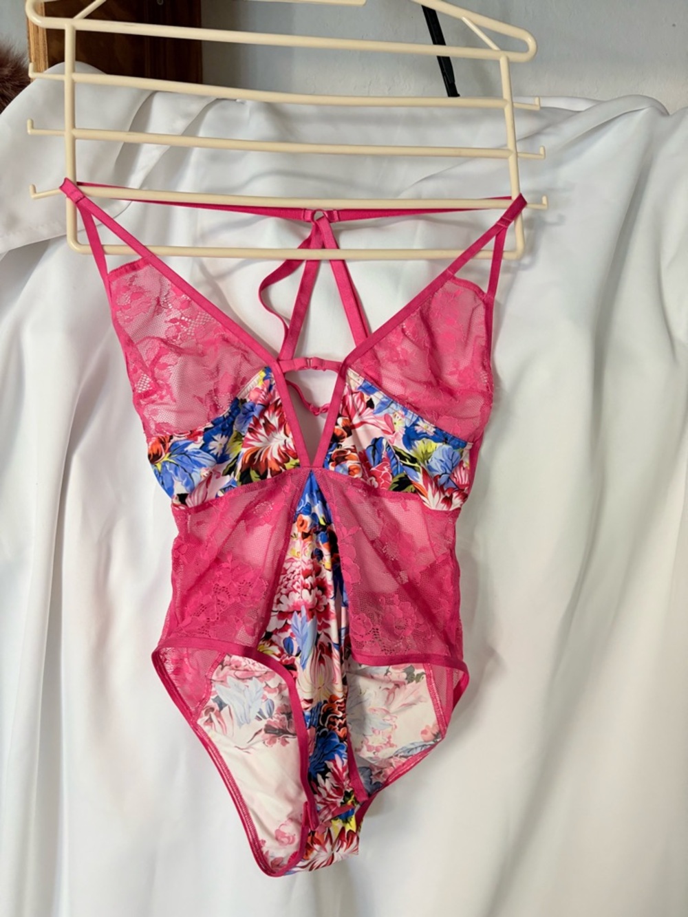 Hot Pink Floral Lace Strappy Teddy Bodysuit